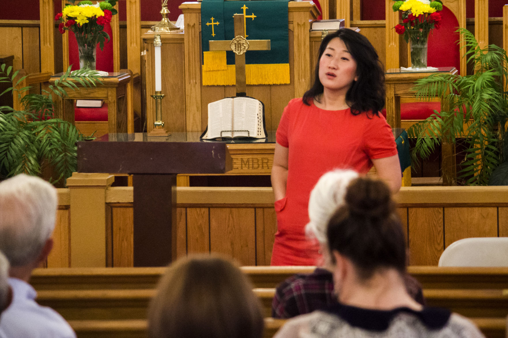 Leah Kang, an attorney for Forward Progress, speaks during a Moore County NAACP meeting on Aug. 27, 2018.